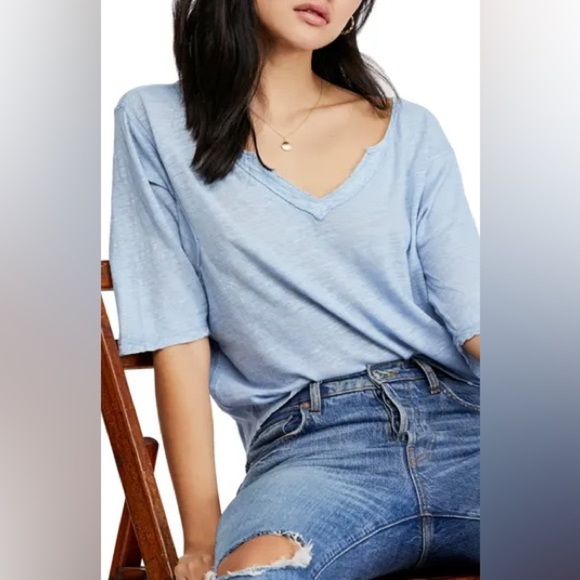 Free People Head in the Clouds Baby Blue Linen Tee - Picture 1 of 5